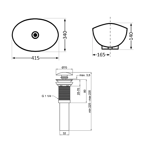 Комплект Qtap Dove: Раковина накладна овальна 415x340x140 мм White + Донний клапан PU02 - Фото - 2