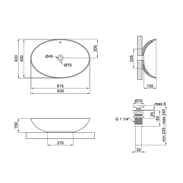 Комплект Qtap Dove: Раковина накладна овальна 635x420x150 мм White + Донний клапан PU02O - Фото - 2
