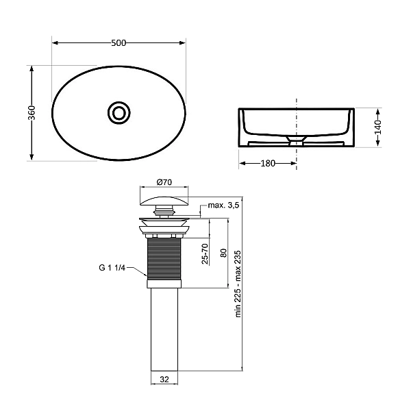 Комплект Qtap Kolibri: Раковина накладная овальная 500x360x140 мм White + Донный клапан PU02 - Фото - 2
