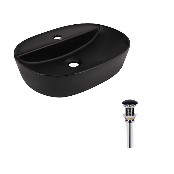 Комплект Qtap Scorpio: Раковина накладная овальная 500x380x120 мм Matt Black + Донный клапан PU03