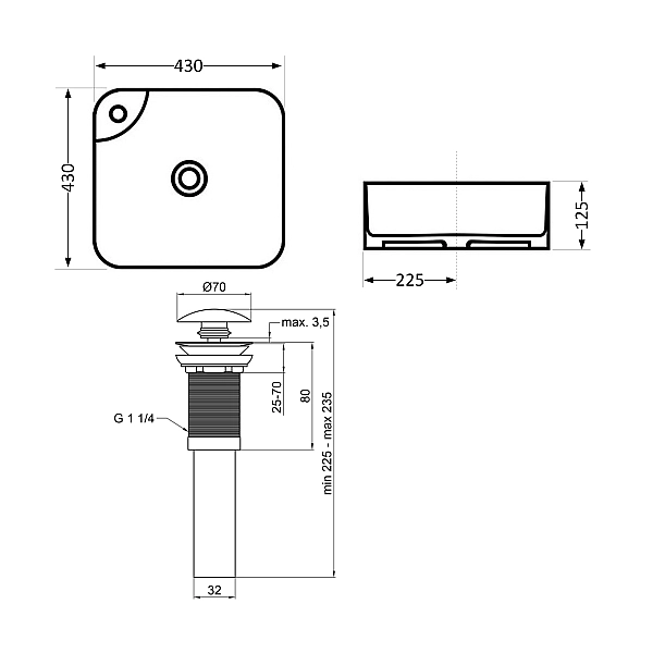 Комплект Qtap Stork: Раковина накладна квадратна 430x430x125 мм White + Донний клапан PU02 - Фото - 2