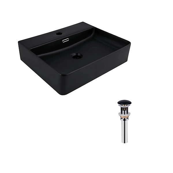 Комплект Qtap Nando LT: Раковина подвесная прямоугольная 500х420х130 мм Matt Black + Донный клапан PU03O