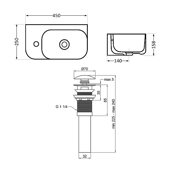 Комплект Qtap Tern: Раковина підвісна прамокутна ліва 450х250х158 мм White + Донний клапан PU02O - Фото - 2