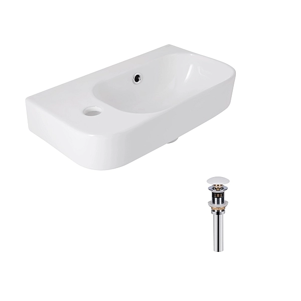 Комплект Qtap Tern: Раковина підвісна прамокутна ліва 450х250х158 мм White + Донний клапан PU02O