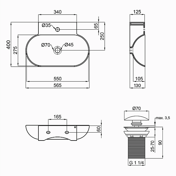 Комплект Qtap Cardinal: Раковина підвісна / накладна овальна 565х400х130 мм White + Донний клапан PU02 - Фото - 2