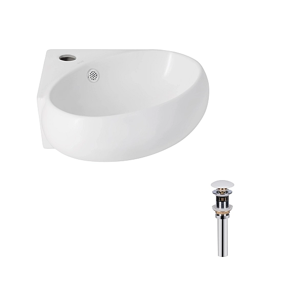 Комплект Qtap Leo N: Раковина підвісна угловая овальна 380x360x130 мм WHITE + Донний клапан PU02O