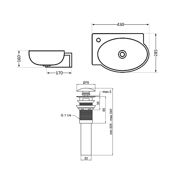 Комплект Qtap Leo: Раковина подвесная овальная левая 430x285x160 мм White + Донный клапан PU02O - Фото - 2