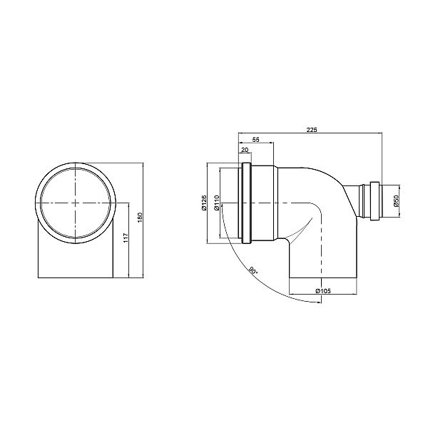 Коліно каналізаційне з відводом TA Sewage 50х110х110, 90° (назад) - Фото - 2