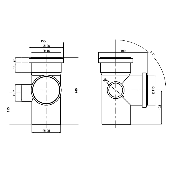 Хрестовина каналізаційна TA Sewage 110х110х110х50, 90° (ліва) - Фото - 2
