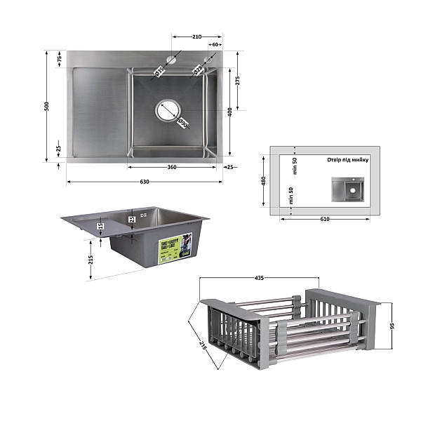 Комплект Lidz Handmade H6350L Мийка для кухні інтегрована крило зліва Brushed у комплекті з дозатором + Lidz K01G Корзина для кухонної мийки - Фото - 2