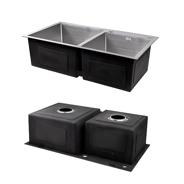 Комплект Lidz Handmade H7843 Мойка для кухни с двумя чашами интегрированная Brushed в комплекте с дозатором + Lidz K01G Корзина для кухонной мойки - Фото - 4