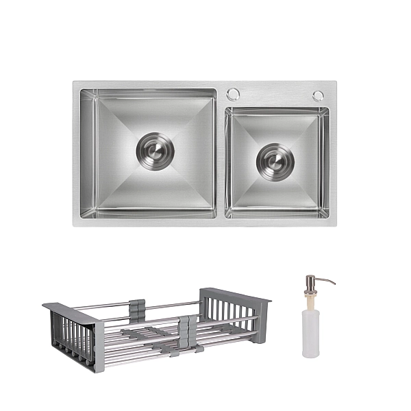 Комплект Lidz Handmade H7843 Мойка для кухни с двумя чашами интегрированная Brushed в комплекте с дозатором + Lidz K01G Корзина для кухонной мойки