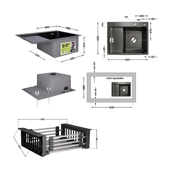Комплект Lidz Handmade H6350BL Мийка для кухні інтегрована крило зліва BlackPVD у комплекті з дозатором + Lidz K01B Корзина для кухонної мийки - Фото - 2