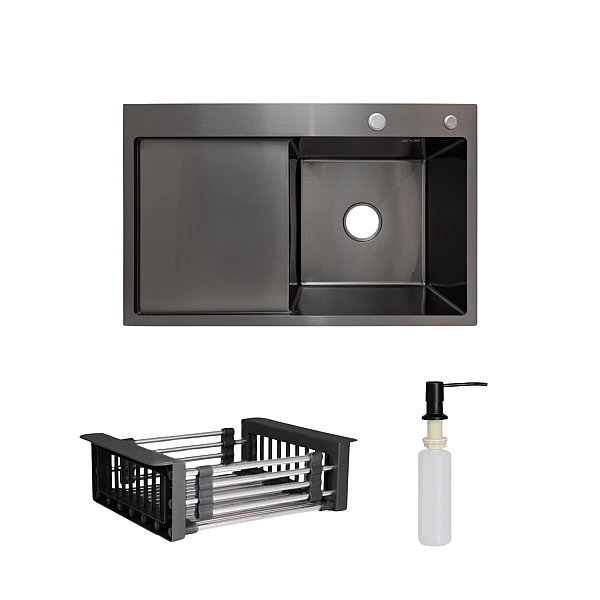 Комплект Lidz Handmade H7849BL Мийка для кухні інтегрована крило зліва BlackPVD у комплекті з дозатором + Lidz K01B Корзина для кухонної мийки