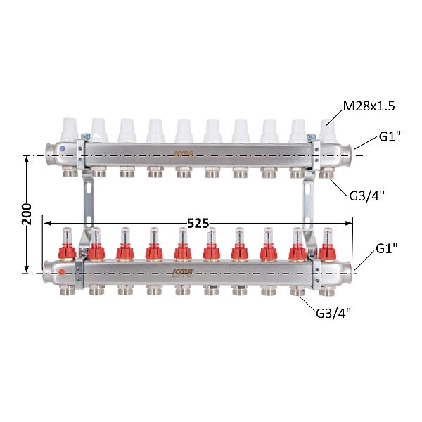 Колектор Icma № К073 з витратомірами (нерж.) 1" х 3/4" на 2 виходів - Фото - 2