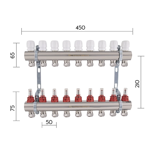 Коллектор латунный с расходомерами и евроконусами Thermo Alliance Standart 1" на 9 выходов TAS235W9E - Фото - 2