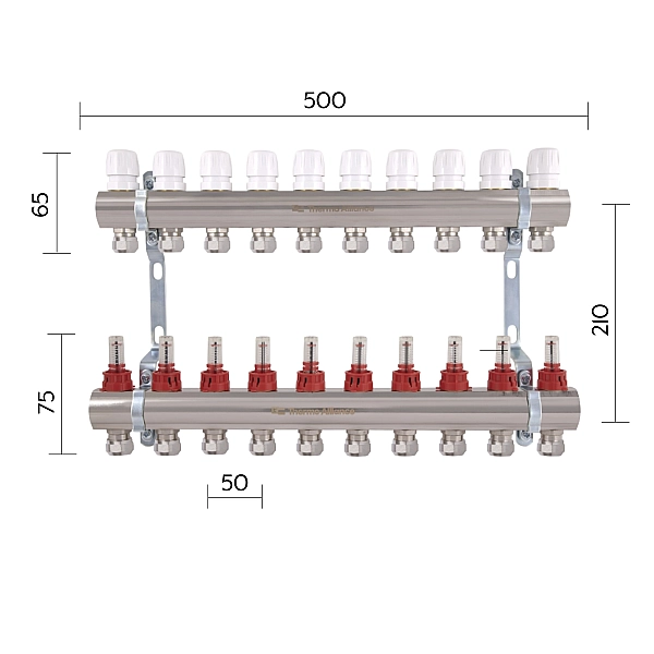 Коллектор латунный с расходомерами и евроконусами Thermo Alliance Standart 1" на 10 выходов TAS235W10E - Фото - 2