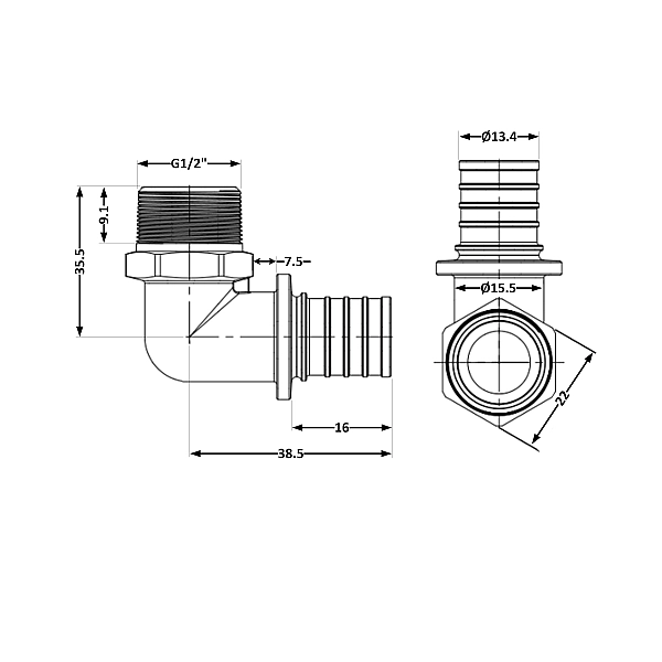 Кут натяжний Icma №1036 d16х2,2-1/2"З 851036ADBO05 - Фото - 2