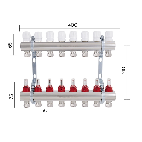 Коллектор латунный с расходомерами и евроконусами Thermo Alliance Standart  1" на 8 выходов TAS235W8E - Фото - 2