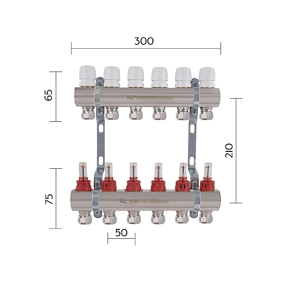 Коллектор латунный с расходомерами и евроконусами Thermo Alliance Standart 1" на 6 выходов TAS235W6E - Фото - 2