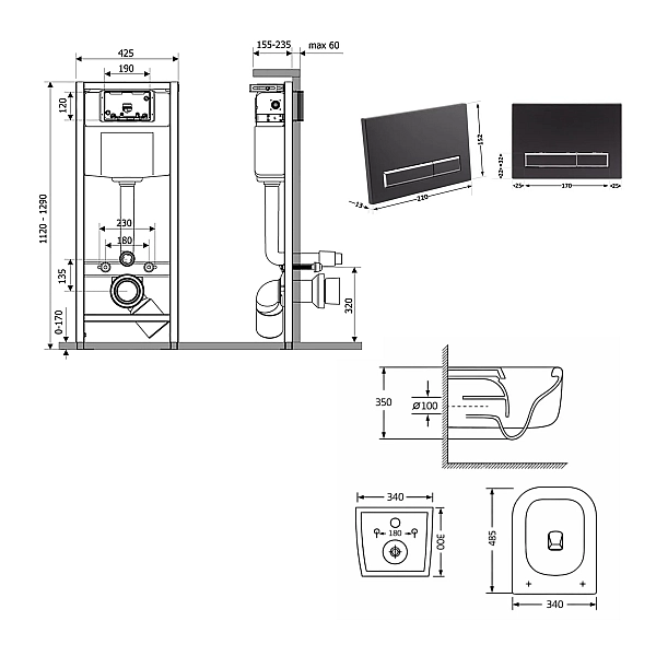 Готовое решение Qtap для ванной комнаты: подвесной унитаз Gemini Ultra Quiet 485×340×350+ комплект инсталляции Nest 4в1 (линейная клавиша Matt Black) - Фото - 2