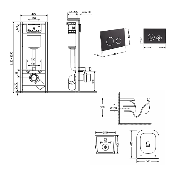 Готовое решение Qtap для ванной комнаты: подвесной унитаз Gemini Ultra Quiet 485×340×350 + комплект инсталляции Nest 4в1 (круглая клавиша Matt Black) - Фото - 2