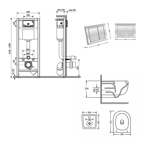 Готове рішення Qtap для ванної кімнати: підвісний унітаз Taurus Ultra Quiet 515×360×350 + комплект інсталяції Nest 4 в 1 (квадратна клавіша Chrome) - Фото - 2