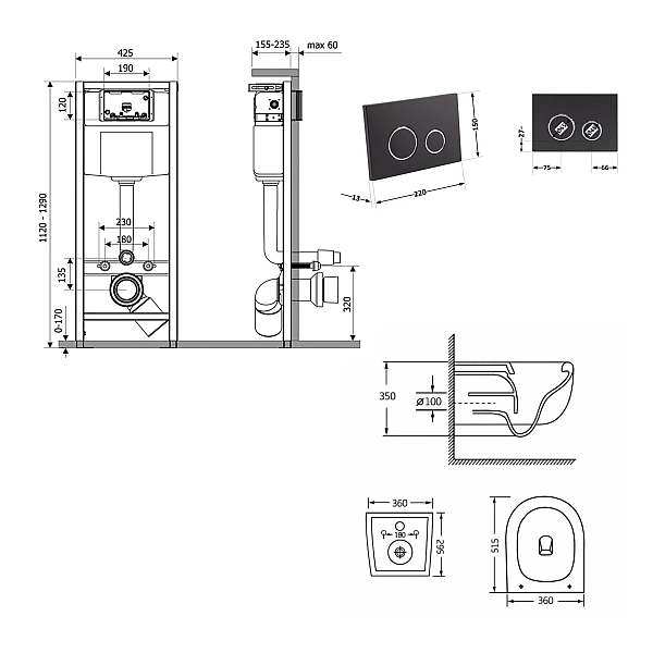 Готове рішення Qtap для ванної кімнати: підвісний унітаз Taurus Ultra Quiet 515×360×350 + комплект інсталяції Nest 4 в 1 (кругла клавіша Matt Black) - Фото - 2