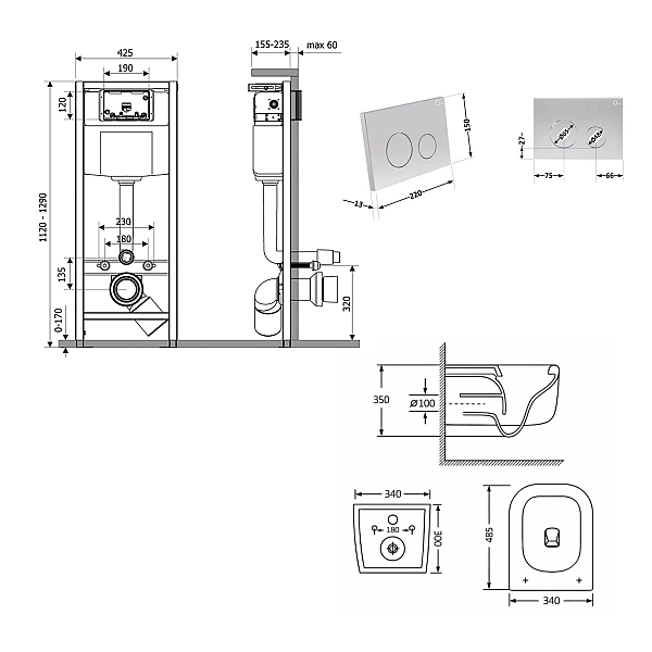 Готовое решение Qtap для ванной комнаты: подвесной унитаз Gemini Ultra Quiet 485×340×350 + комплект инсталляции Nest 4 в 1 (круглая клавиша Satin) - Фото - 2