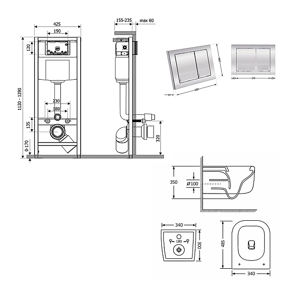 Готовое решение Qtap для ванной комнаты: подвесной унитаз Gemini Ultra Quiet 485×340×350 + комплект инсталляции Nest 4 в 1 (квадратная клавиша Chrome) - Фото - 2