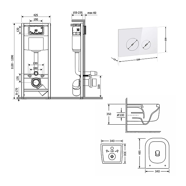 Готовое решение Qtap для ванной комнаты: подвесной унитаз Gemini Ultra Quiet 485×340×350 + комплект инсталляции Nest 4 в 1 (круглая клавиша White) - Фото - 2