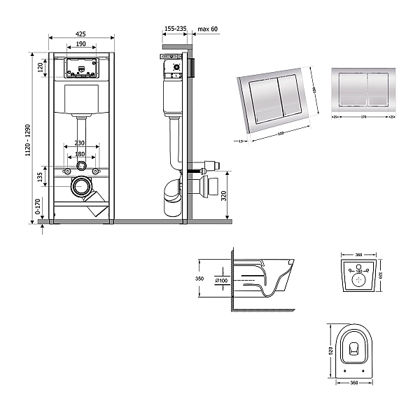 Готовое решение Qtap для ванной комнаты: подвесной унитаз Swan Ultra Quiet 520×360×320 + комплект инсталляции Nest 4 в 1 (квадратная клавиша Chrome) - Фото - 2