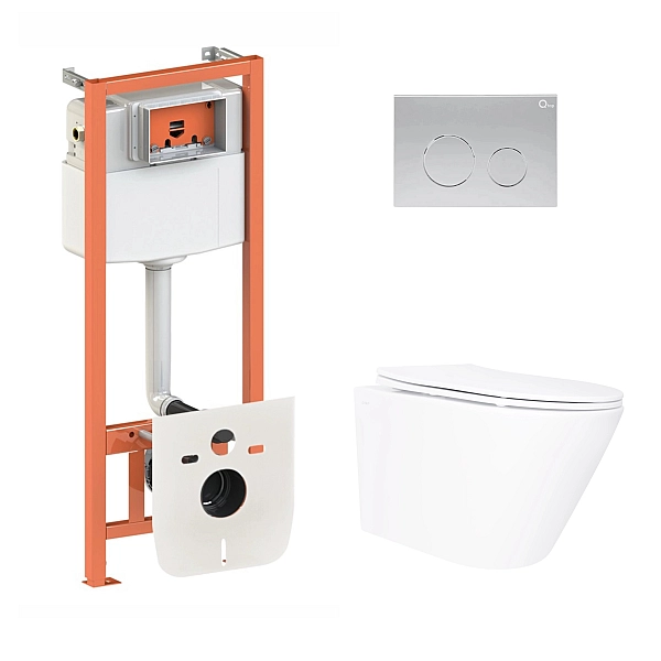 Готовое решение Qtap для ванной комнаты: подвесной унитаз Swan Ultra Quiet 520×360×320 + комплект инсталляции Nest 4 в 1 (круглая клавиша Satin)