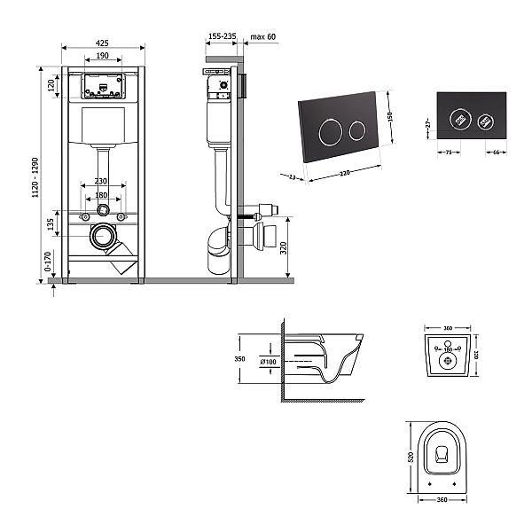 Готовое решение Qtap для ванной комнаты: подвесной унитаз Jay Ultra Quiet 520x360x320 + комплект инсталляции Nest 4 в 1 (круглая клавиша Matt Black) - Фото - 2