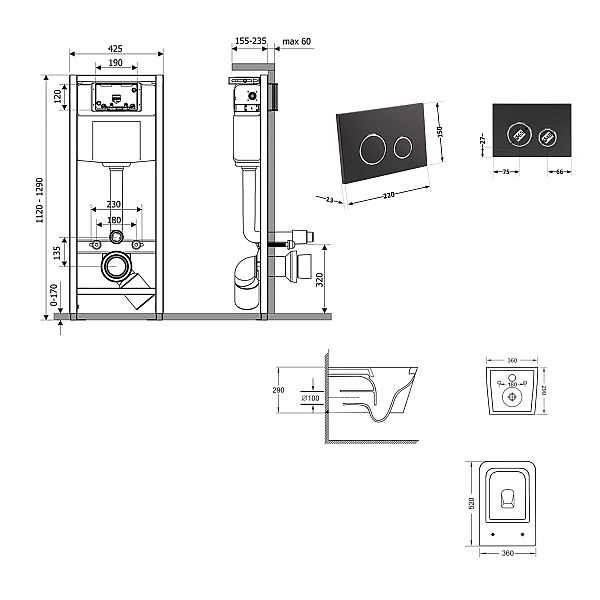 Готове рішення Qtap для ванної кімнати: підвісний унітаз Crow Ultra Quiet 520x360x290 + комплект інсталяції Nest 4 в 1 (кругла клавіша Matt Black) - Фото - 2