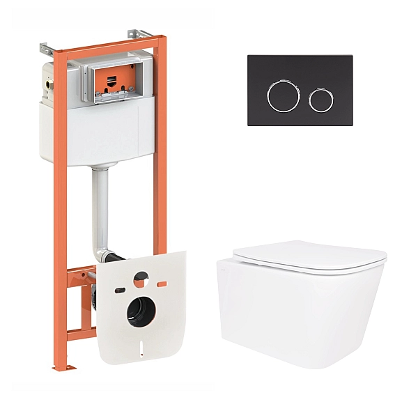 Готовое решение Qtap для ванной комнаты: подвесной унитаз Crow Ultra Quiet 520×360×290 + комплект инсталляции Nest 4 в 1 (круглая клавиша Matt Black)