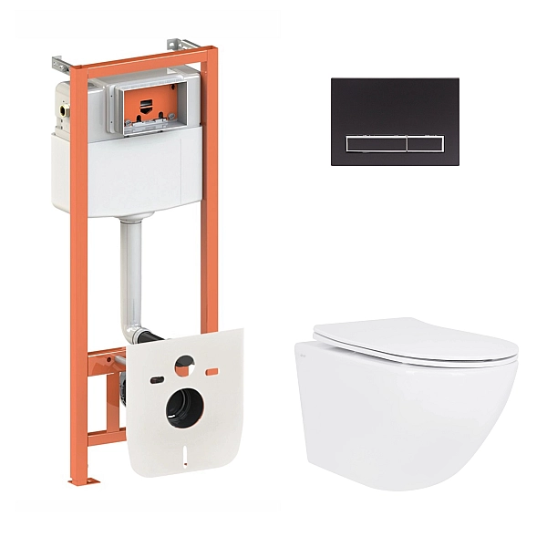 Готовое решение Qtap для ванной комнаты: подвесной унитаз Jay Ultra Quiet 520x360x320 + комплект инсталляции Nest 4 в 1 (линейная клавиша Matt Black)