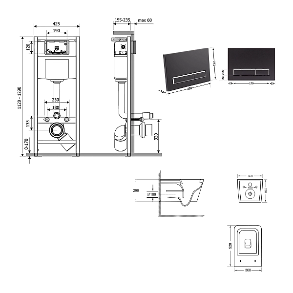 Готове рішення Qtap для ванної кімнати: підвісний унітаз Crow Ultra Quiet 520x360x290 + комплект інсталяції Nest 4 в 1 (лінійна клавіша Matt Black) - Фото - 2