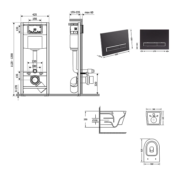 Готове рішення Qtap для ванної кімнати: підвісний унітаз Swan Ultra Quiet 520x360x320 + комплект інсталяції Nest 4 в 1 (лінійна клавіша Matt Black) - Фото - 2
