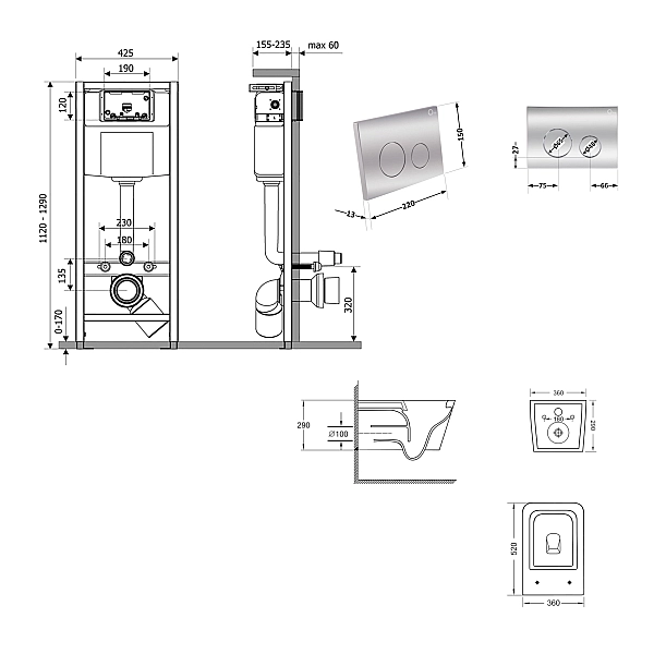 Готовое решение Qtap для ванной комнаты: подвесной унитаз Crow Ultra Quiet 520×360×290 + комплект инсталляции Nest 4 в 1 (круглая клавиша Chrome) - Фото - 2