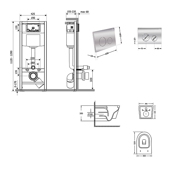 Готове рішення Qtap для ванної кімнати: підвісний унітаз Swan Ultra Quiet 520x360x320 + комплект інсталяції Nest 4 в 1 (кругла клавіша Chrome) - Фото - 2