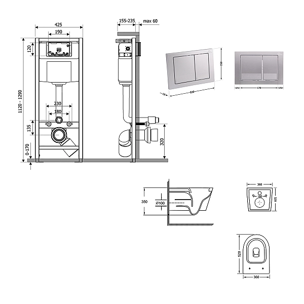 Готове рішення Qtap для ванної кімнати: підвісний унітаз Swan Ultra Quiet 520x360x320 + комплект інсталяції Nest 4 в 1 (квадратна клавіша Satin) - Фото - 2