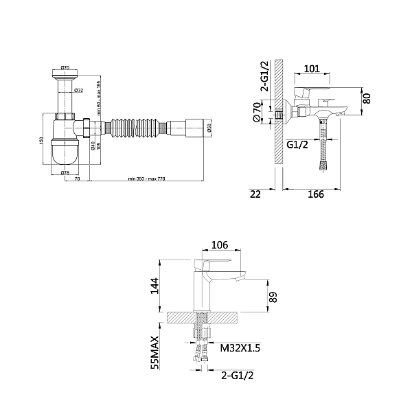 Комплект для Ванної Latwa: Змішувач для раковини LDLAT001CRM45412 + Змішувач для ванноі LDLAT006CRM45414 - Фото - 2