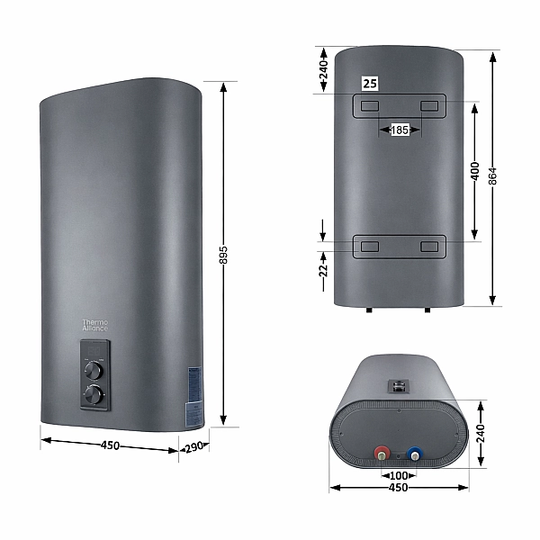 Водонагрівач електричний Thermo Alliance 50 л, Grey, плоский вертикальний, сухий ТЕН 2 кВт (0,8+1,2) DT50V20GPDD2G - Фото - 2