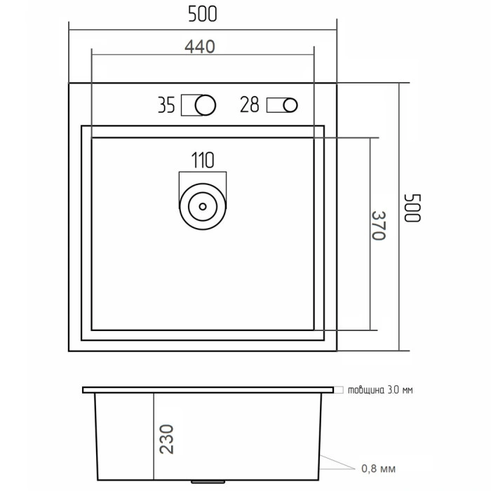 Valeso Handmade 50x50 (3,0/0,8) декор - глубокая мойка-чаша 50 на 50 см из толстой нержавейки с микродекором поверхности - Фото - 5