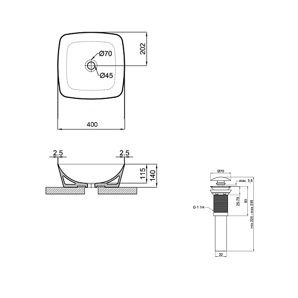 Комплект Qtap Kolibri: Раковина накладная 400x400x140 мм, White, квадратная + Донный клапан Pop-up PU02 - Фото - 2