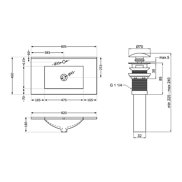 Комплект Albatross: Раковина врезная мебельная 820x460x180 мм, White, прямоугольная + Донный клапан Pop-up PU02O - Фото - 2