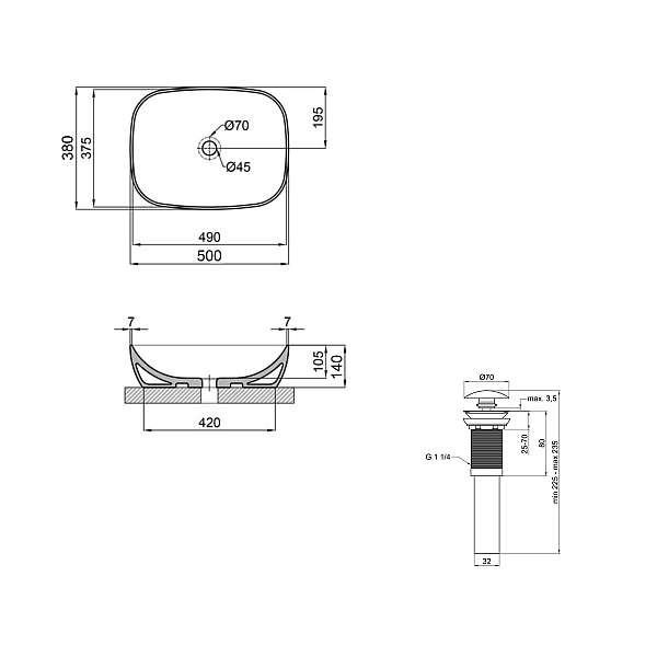 Комплект Qtap Cardinal: Раковина накладна 500×380×140 мм, White, овальна + Донний клапан Pop-up PU02 - Фото - 2