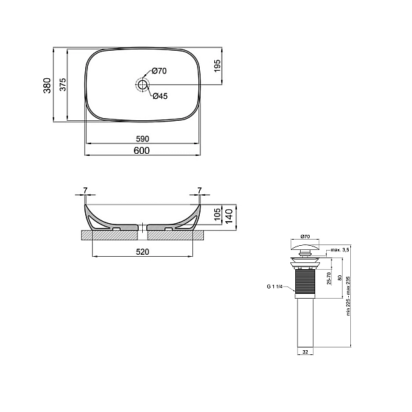 Комплект Qtap Cardinal: Раковина накладна 600x380x140 мм, White, овальна + Донний клапан Pop-up PU02 - Фото - 2