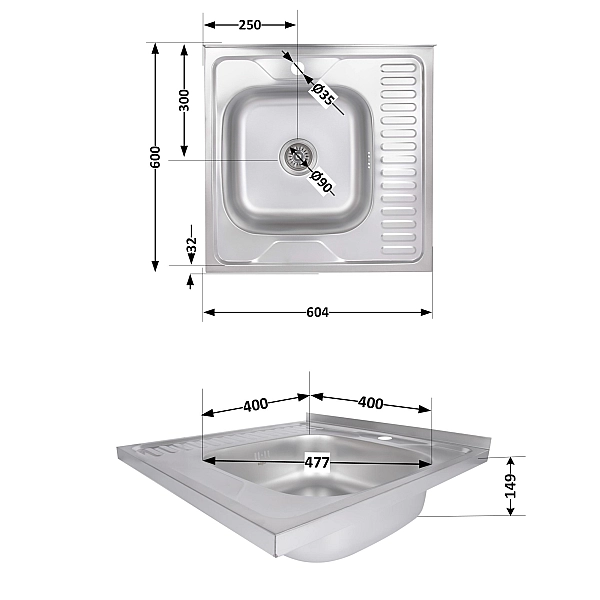 Кухонна мийка Brinex 6060-L 0,6 мм Satin (BRIN6060LSAT06) - Фото - 2